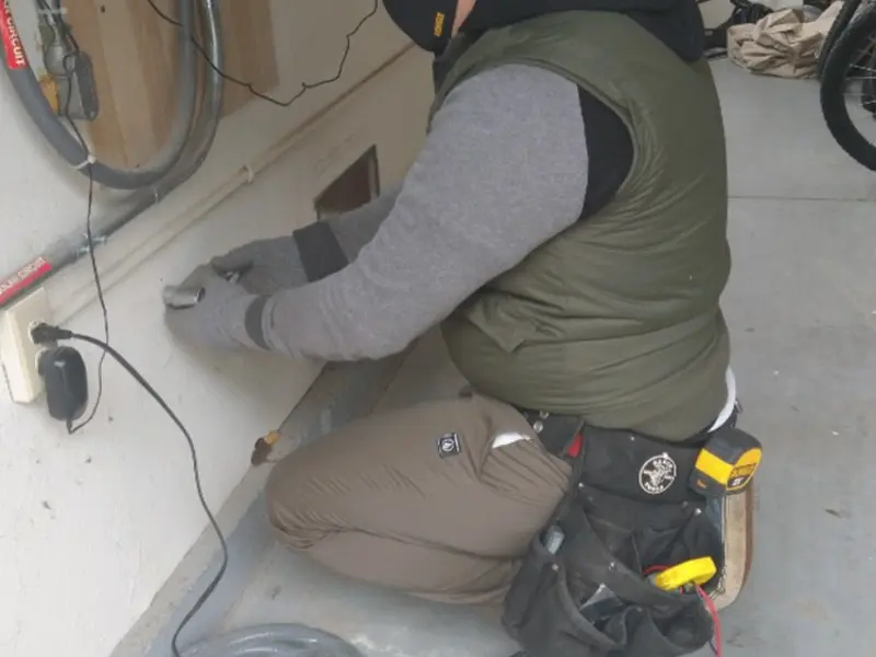 Electrician performing outlet wiring in a Richmond Heights garage